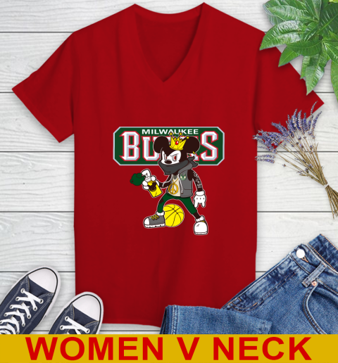 Milwaukee Bucks NBA Basketball Mickey Peace Sign Sports Women's V-Neck T-Shirt 12