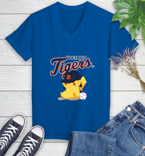MLB Pikachu Baseball Sports Detroit Tigers Women's V-Neck T-Shirt 10