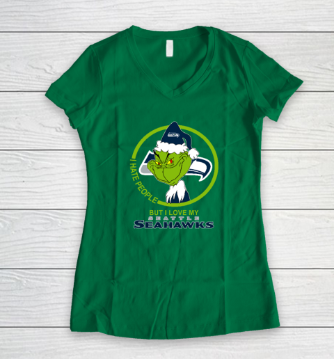 Seattle Seahawks NFL Christmas Grinch I Hate People But I Love My Favorite Football Team Women's V-Neck T-Shirt 3