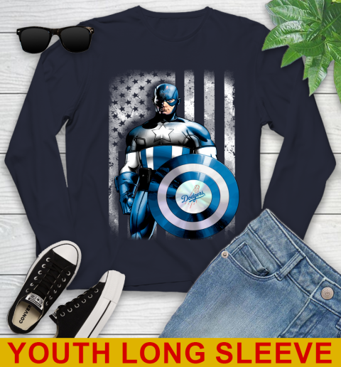 Los Angeles Dodgers MLB Baseball Captain America Marvel Avengers American Flag Shirt Youth Long Sleeve 2