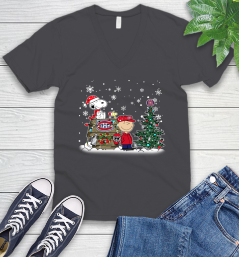 NHL Montreal Canadiens Snoopy Charlie Brown Woodstock Christmas Stanley Cup Hockey V-Neck T-Shirt 4