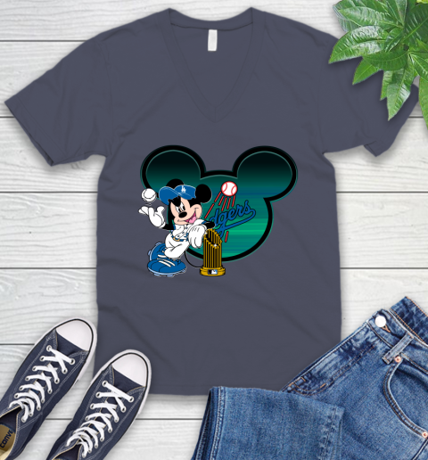 MLB Los Angeles Dodgers The Commissioner's Trophy Mickey Mouse Disney V-Neck T-Shirt 9