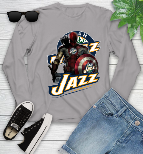 Utah Jazz NBA Basketball Captain America Thor Spider Man Hawkeye Avengers Youth Long Sleeve 5