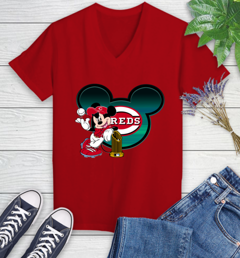 MLB Cincinnati Reds The Commissioner's Trophy Mickey Mouse Disney Women's V-Neck T-Shirt 12