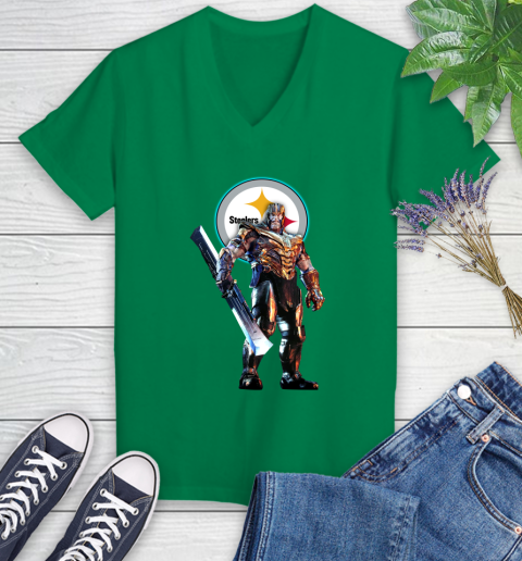 NFL Thanos Gauntlet Avengers Endgame Football Pittsburgh Steelers Women's V-Neck T-Shirt 5