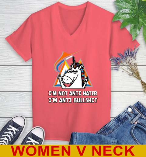 Miami Marlins MLB Baseball Unicorn I'm Not Anti Hater I'm Anti Bullshit Women's V-Neck T-Shirt 7