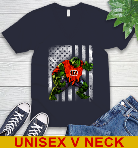 Cincinnati Bengals Hulk Marvel Avengers NFL Football American Flag V-Neck T-Shirt 2