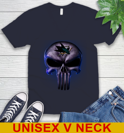 San Jose Sharks NHL Hockey Punisher Skull Sports V-Neck T-Shirt 2