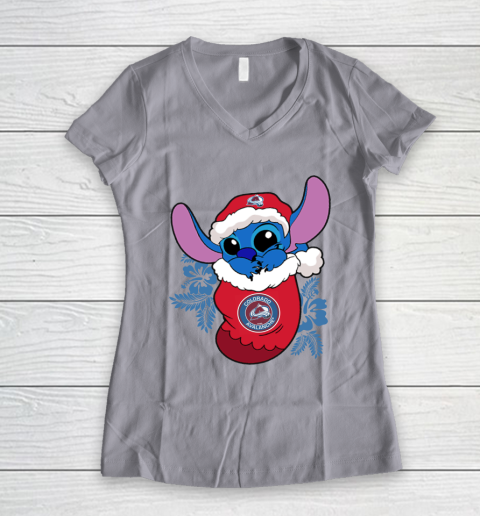 Colorado Avalanche Christmas Stitch In The Sock Funny Disney NHL Women's V-Neck T-Shirt 4