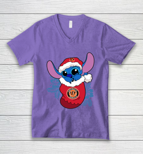 Cincinnati Bengals Christmas Stitch In The Sock Funny Disney NFL V-Neck T-Shirt 9