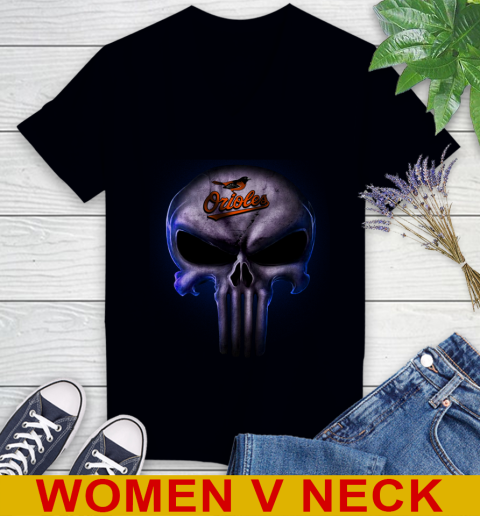Baltimore Orioles MLB Baseball Punisher Skull Sports Women's V-Neck T-Shirt