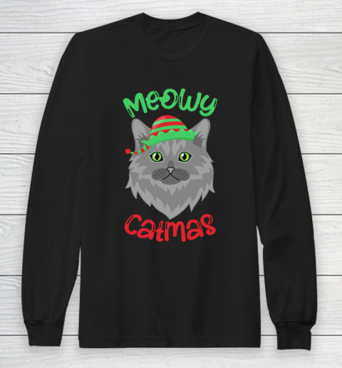 Meowy Catmas Ugly Christmas Elf Cat Christmas Pajama Gift Long Sleeve T-Shirt