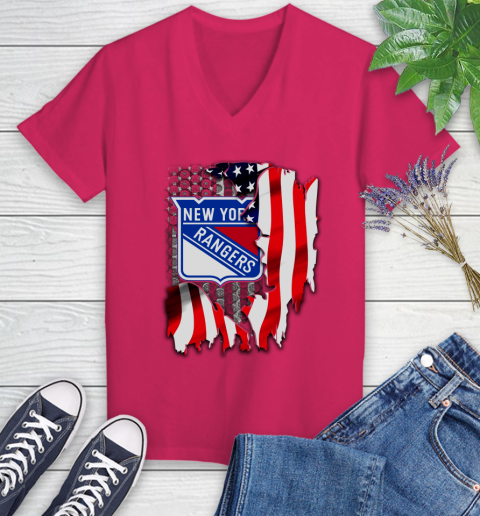 New York Rangers NHL Hockey American Flag Women's V-Neck T-Shirt 9