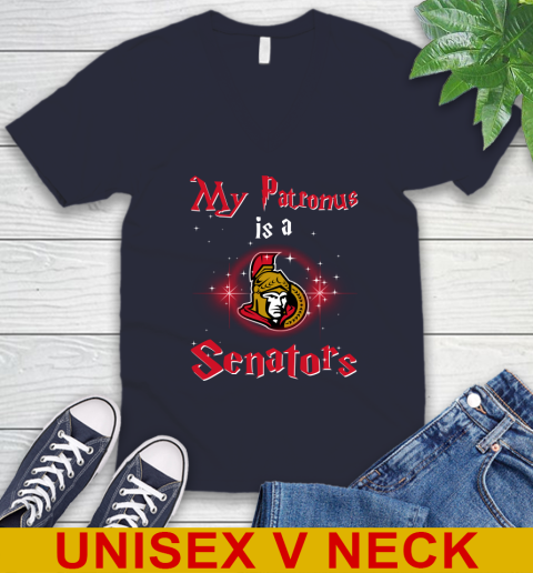 NHL Hockey Harry Potter My Patronus Is A Ottawa Senators V-Neck T-Shirt 2