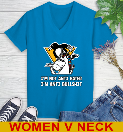 Pittsburgh Penguins NHL Hockey Unicorn I'm Not Anti Hater I'm Anti Bullshit Women's V-Neck T-Shirt 8