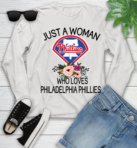 MLB Just A Woman Who Loves Philadelphia Phillies Baseball Sports Youth Long Sleeve