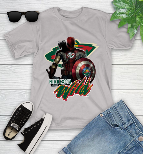 NHL Captain America Thor Spider Man Hawkeye Avengers Endgame Hockey Minnesota Wild Youth T-Shirt 12