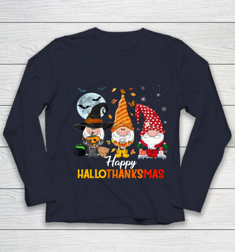 Gnomes Halloween And Merry Christmas Happy Hallothanksmas Youth Long Sleeve 2