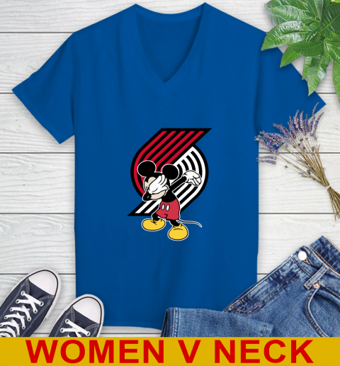 Portland Trail Blazers NBA Basketball Dabbing Mickey Disney Sports Women's V-Neck T-Shirt 11