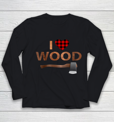 I Love Wood T Shirt Lumberjack Heart Halloween Party Youth Long Sleeve