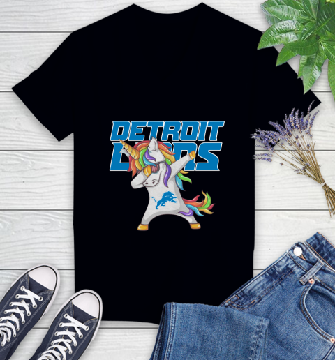 Detroit Lions NFL Football Funny Unicorn Dabbing Sports Women's V-Neck T-Shirt 2