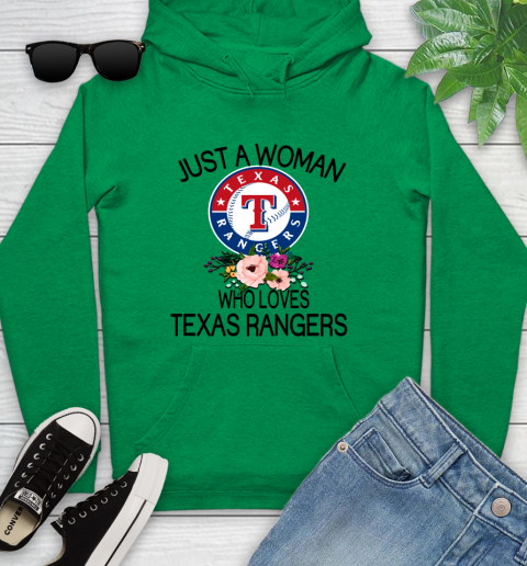 MLB Just A Woman Who Loves Texas Rangers Baseball Sports Youth Hoodie 5