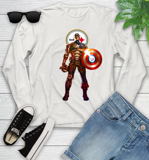 NFL Captain America Marvel Avengers Endgame Football Sports Pittsburgh Steelers Youth Long Sleeve 12