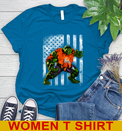 Miami Marlins Hulk Marvel Avengers MLB Baseball American Flag Women's T-Shirt 8