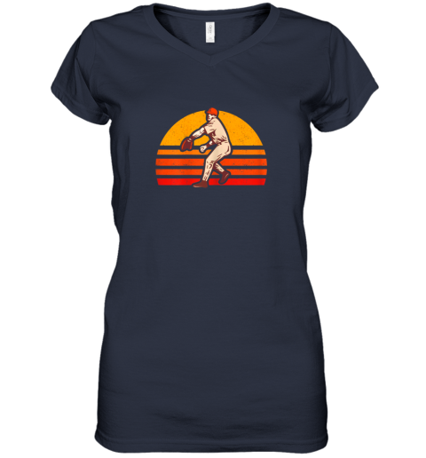 zkyg retro vintage baseball pitcher gift baseball lover women v neck t shirt 39 front navy