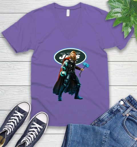 NFL Thor Avengers Endgame Football New York Jets V-Neck T-Shirt 9