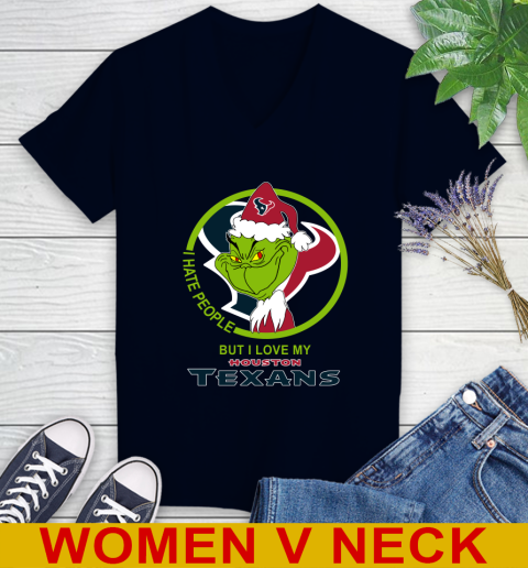 Houston Texans NFL Christmas Grinch I Hate People But I Love My Favorite Football Team Women's V-Neck T-Shirt 3