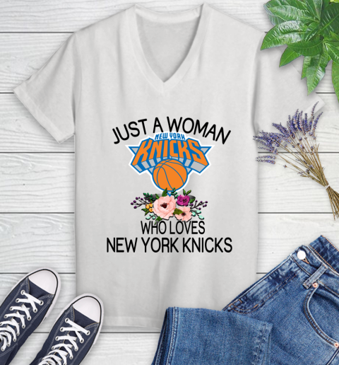 NBA Just A Woman Who Loves New York Knicks Basketball Sports Women's V-Neck T-Shirt