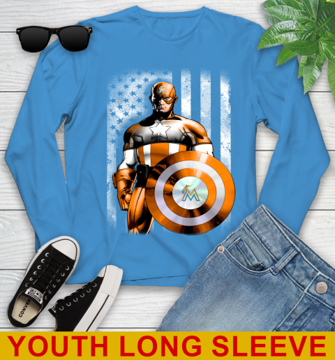 Miami Marlins MLB Baseball Captain America Marvel Avengers American Flag Shirt Youth Long Sleeve 8