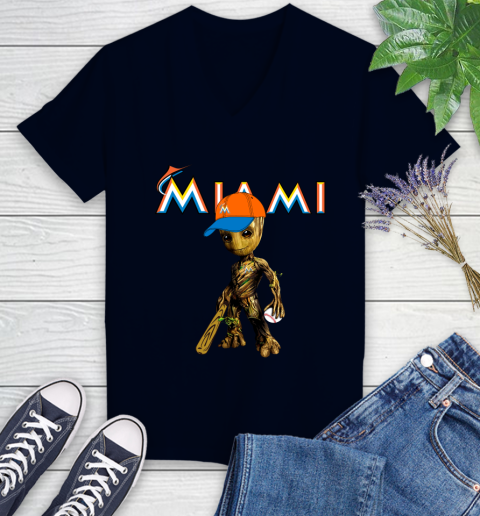 MLB Miami Marlins Groot Guardians Of The Galaxy Baseball Women's V-Neck T-Shirt 3