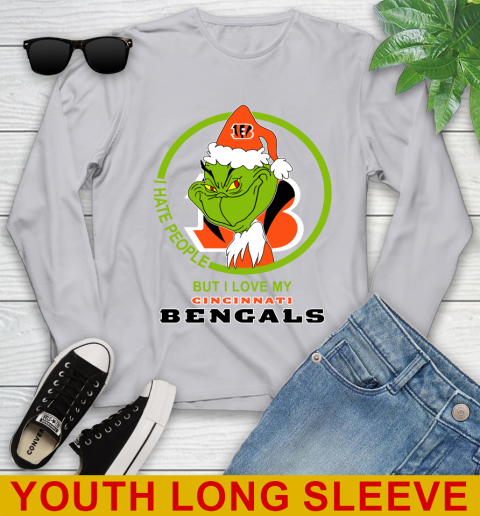 Cincinnati Bengals NFL Christmas Grinch I Hate People But I Love My Favorite Football Team Youth Long Sleeve 6