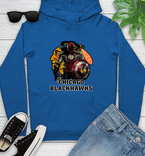 NHL Captain America Thor Spider Man Hawkeye Avengers Endgame Hockey Chicago Blackhawks Youth Hoodie 9