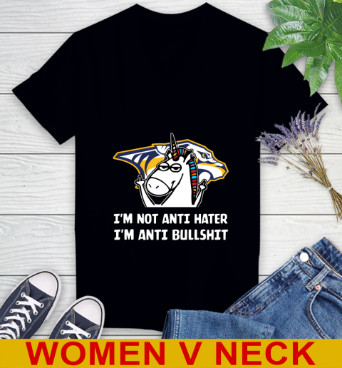 Nashville Predators NHL Hockey Unicorn I'm Not Anti Hater I'm Anti Bullshit Women's V-Neck T-Shirt 2