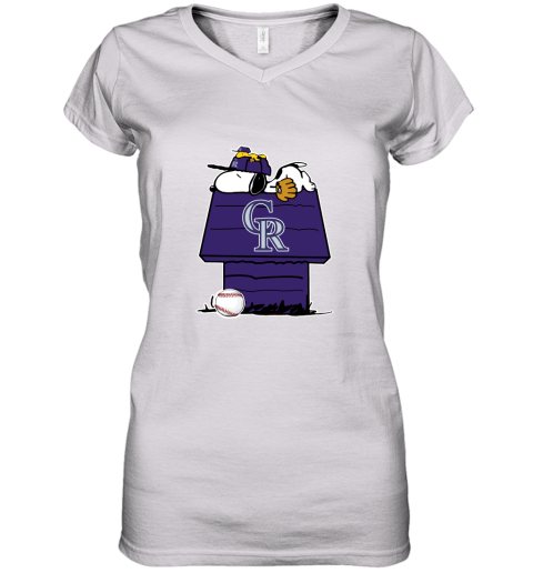 Colorado Rockies Snoopy And Woodstock Resting Together MLB Women's V-Neck T-Shirt
