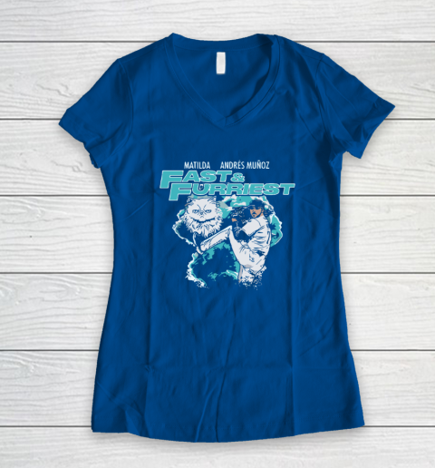 Matilda & Andres Muñoz Fast & Furriest Mariners Women's V-Neck T-Shirt 5