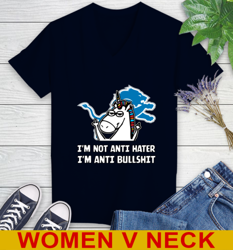 Detroit Lions NFL Football Unicorn I'm Not Anti Hater I'm Anti Bullshit Women's V-Neck T-Shirt 3