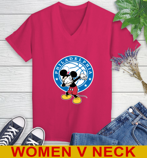 Philadelphia 76ers NBA Basketball Dabbing Mickey Disney Sports Women's V-Neck T-Shirt 10