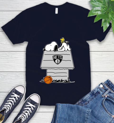 Brooklyn Nets NBA Basketball Snoopy Woodstock The Peanuts Movie V-Neck T-Shirt 3