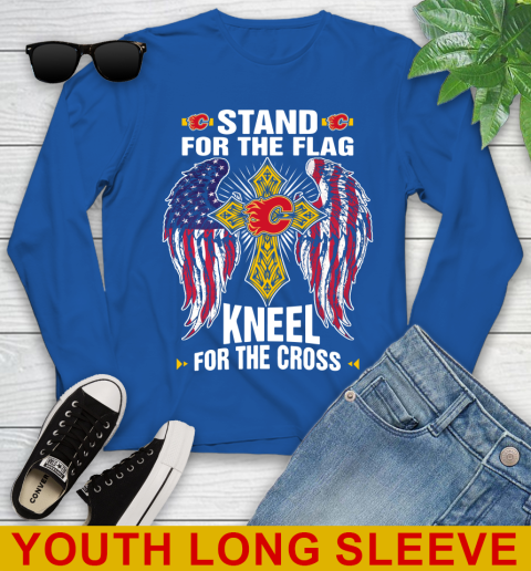 NHL Hockey Calgary Flames Stand For Flag Kneel For The Cross Shirt Youth Long Sleeve 10