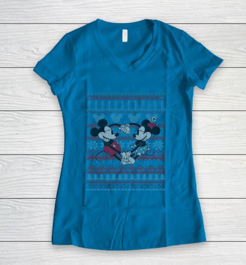 Disney Mickey And Minnie Mouse Christmas Ugly Sweater Style Women s V Neck T Shirt