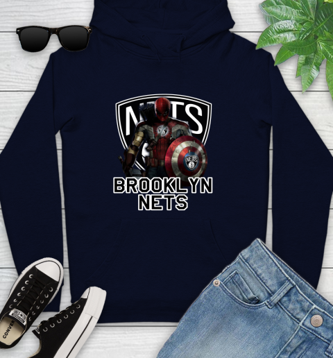 Brooklyn Nets NBA Basketball Captain America Thor Spider Man Hawkeye Avengers Youth Hoodie 4