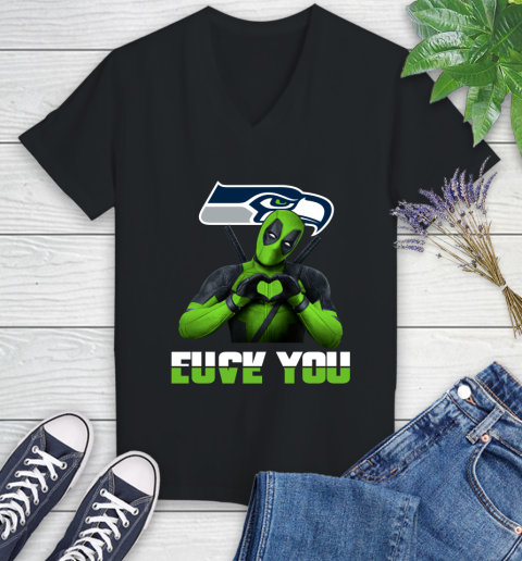 NHL Seattle Seahawks Deadpool Love You Fuck You Football Sports Women's V-Neck T-Shirt