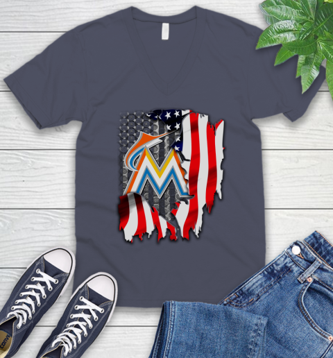 Miami Marlins MLB Baseball American Flag V-Neck T-Shirt 7