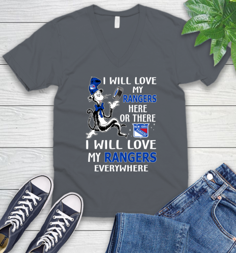NHL Hockey New York Rangers I Will Love My Rangers Everywhere Dr Seuss Shirt V-Neck T-Shirt 4