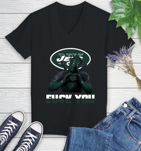 NHL New York Jets Deadpool Love You Fuck You Football Sports Women's V-Neck T-Shirt