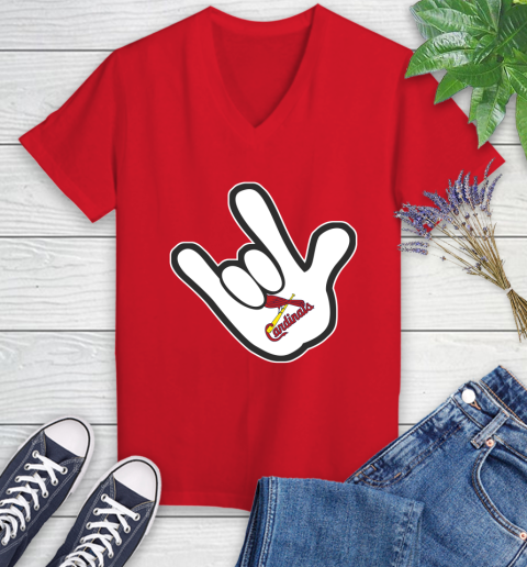 St.Louis Cardinals MLB Baseball Mickey Rock Hand Disney Women's V-Neck T-Shirt 12